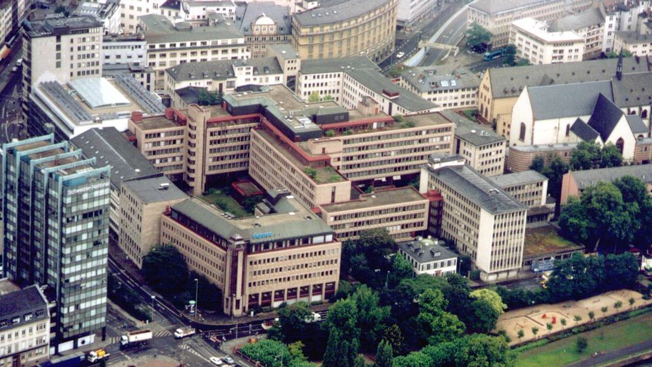 Aerial view of Degussa Frankfurt headquarter, May 2000